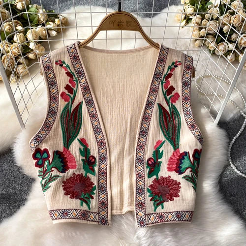 Crochet Top Embroidery Floral Tank Tops Knitted Women V-neck Folk Fashion Vest image 0