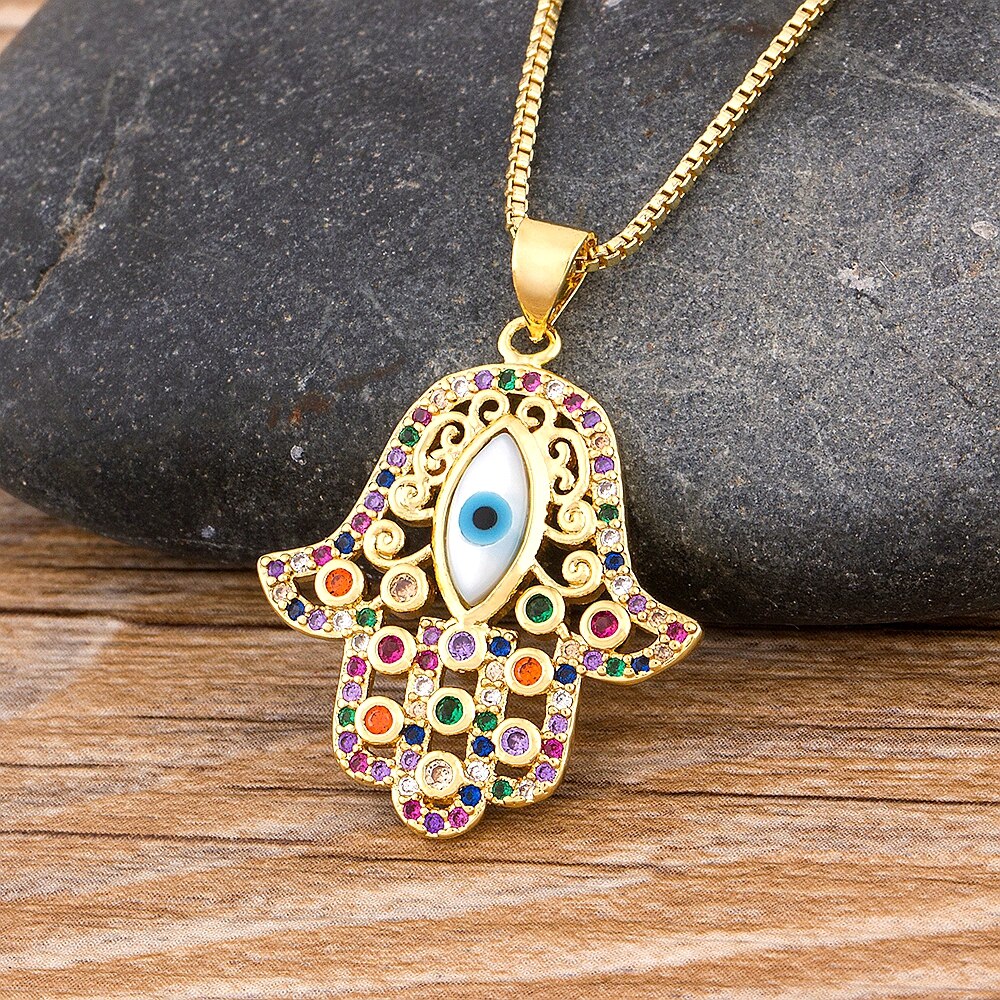 Hot Sale Women Men Hamsa Hand Necklace Gold Color Copper Zircon Evil Eye image 9