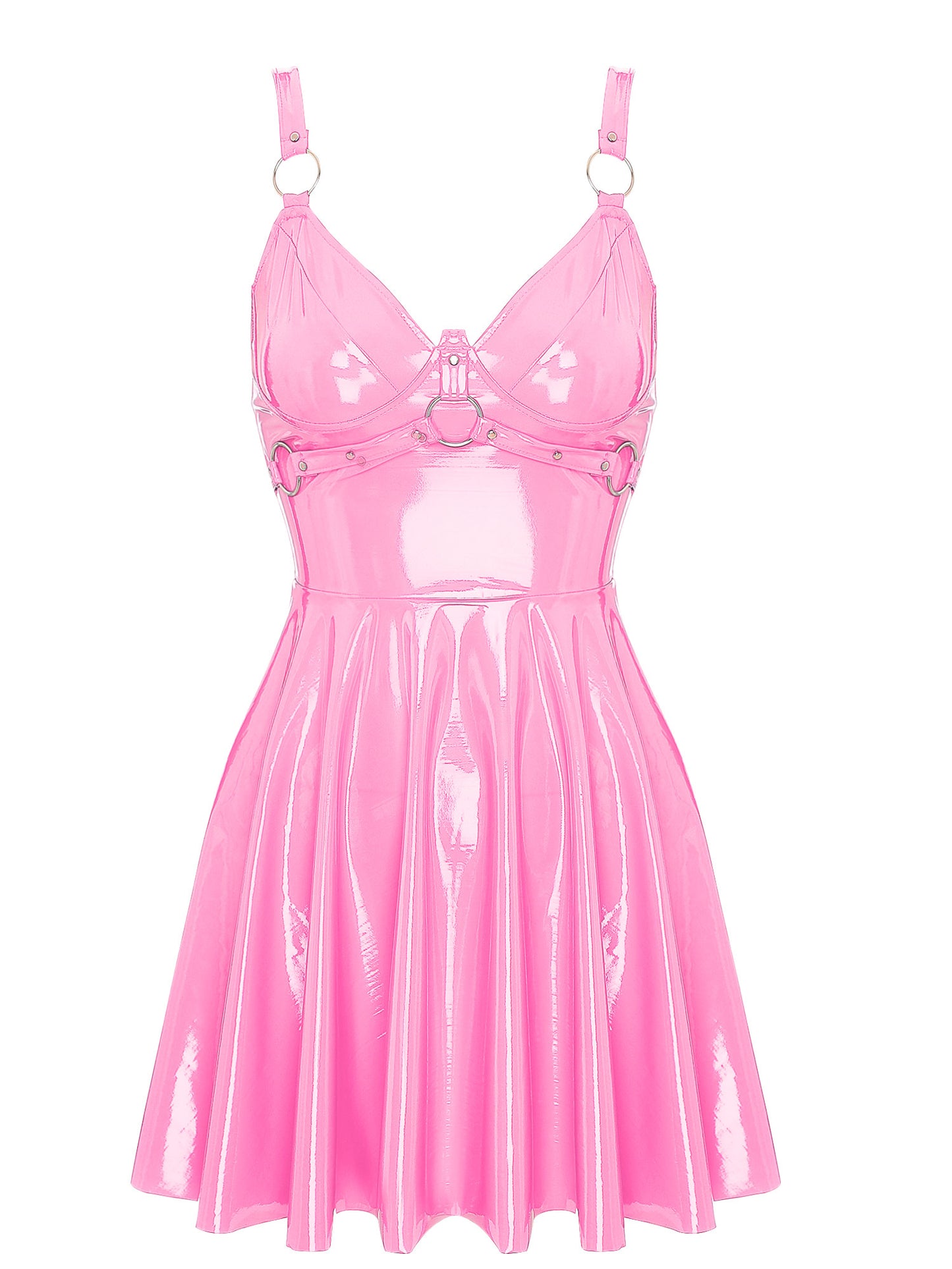 Womens Sexy Wet Look Patent Leather Slip Dress O-Ring Rivets Strappy V Neck Got image 6