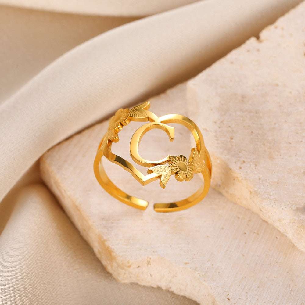 Stainless Steel Initials Flower Heart Rings Gold Color Adjustable Delicate Lett image 2