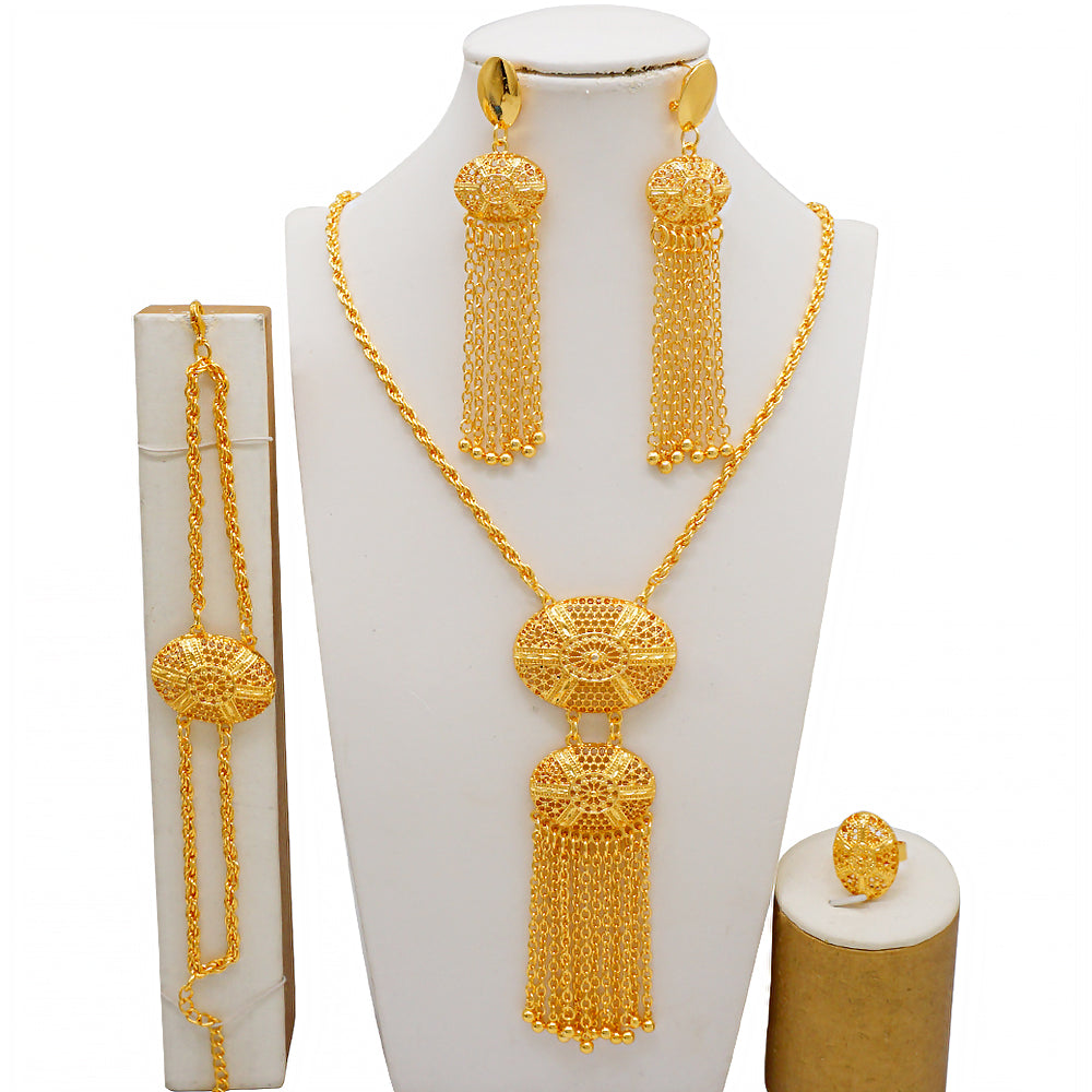 Dubai 24K Gold Plated Tassel Long Necklace Set African Women's Banquet Jewelry image 1