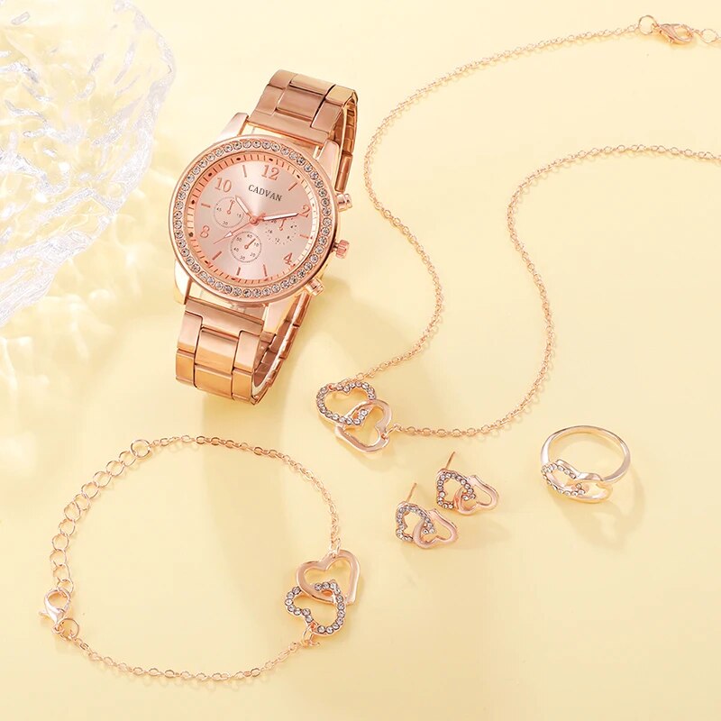 6PCS Set Rose Gold Luxury Watch Women Ring Necklace Earring Rhinestone Fashion image 2