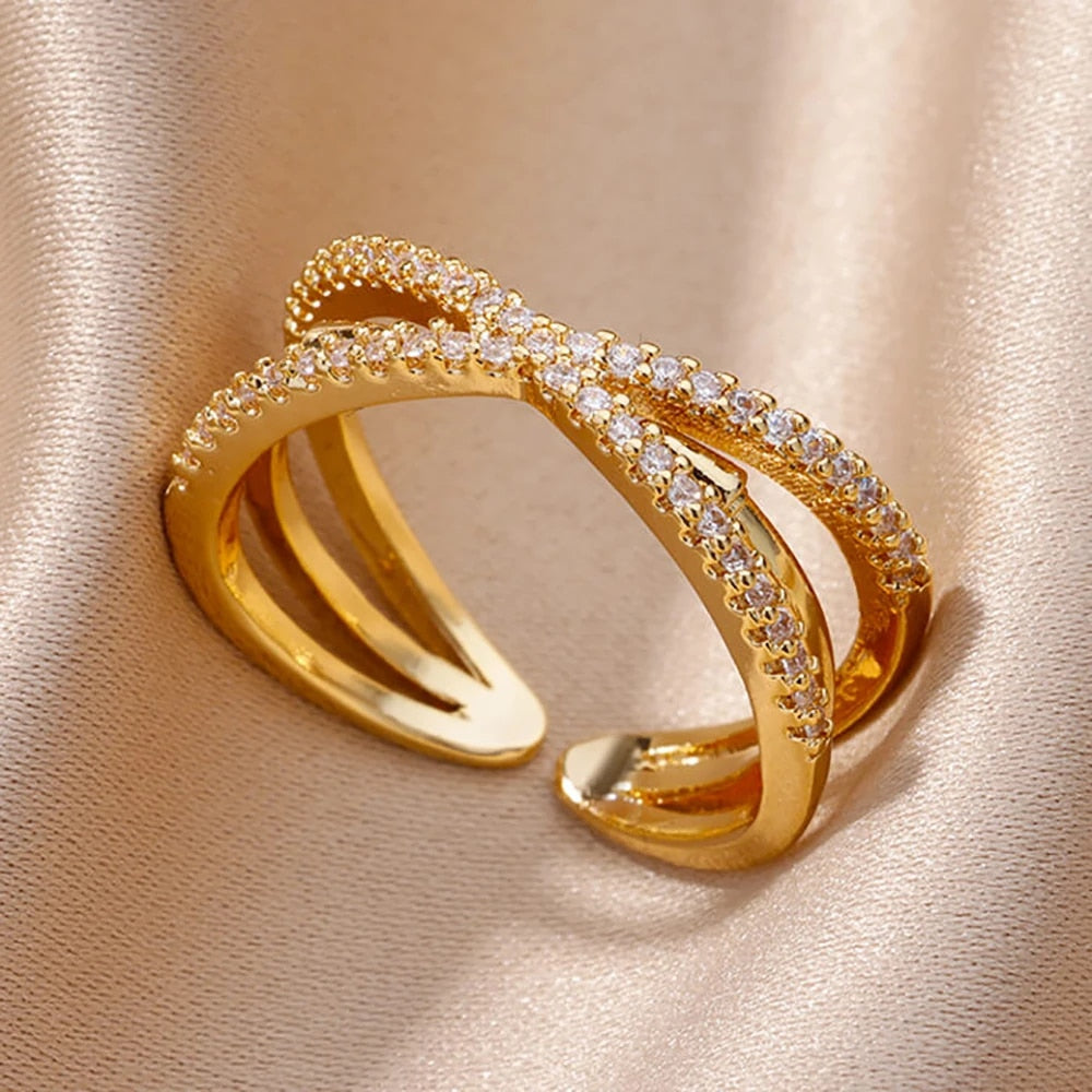 Fashion Gold Color Stainless Steel Rings For Women Chain Hollow Out Crystal Zir image 6