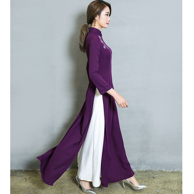 Spring Summer Vintage Chinese Traditional Chiffon Cheongsam Embroidery Flower W image 3