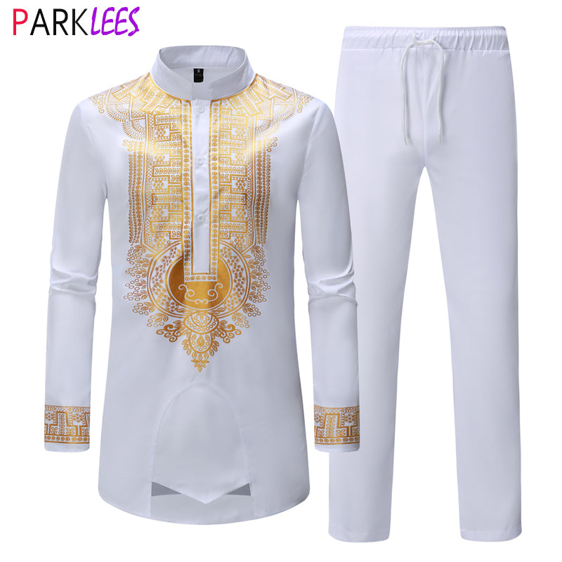 White African 2 Piece Set for Men Long Sleeve Mandarin Collar Shirts and Pants image 0