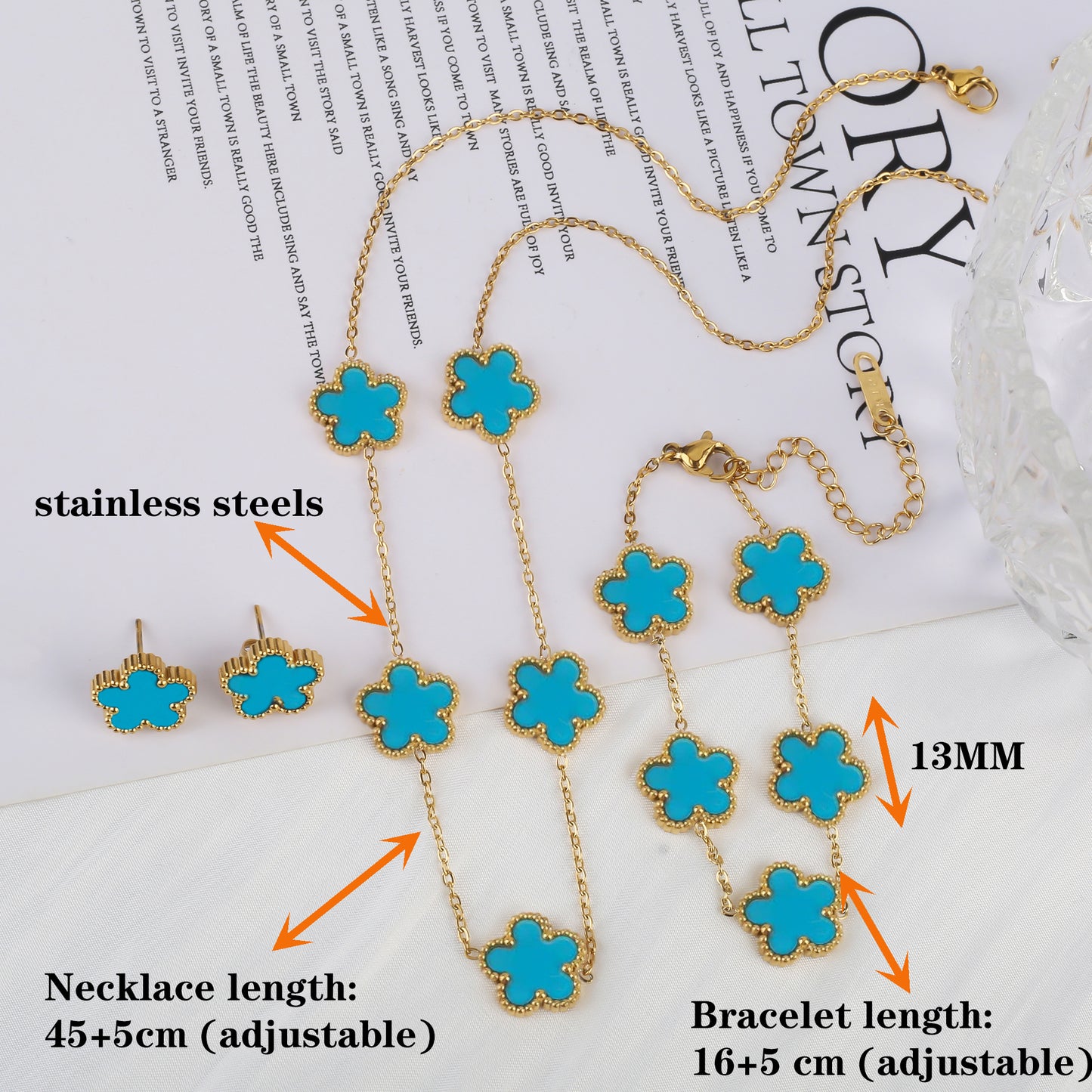 3Pcs 18k Gold-Plated Five-Leaf Flower Necklace Earrings Bracelet Jewelry Set Fo image 22