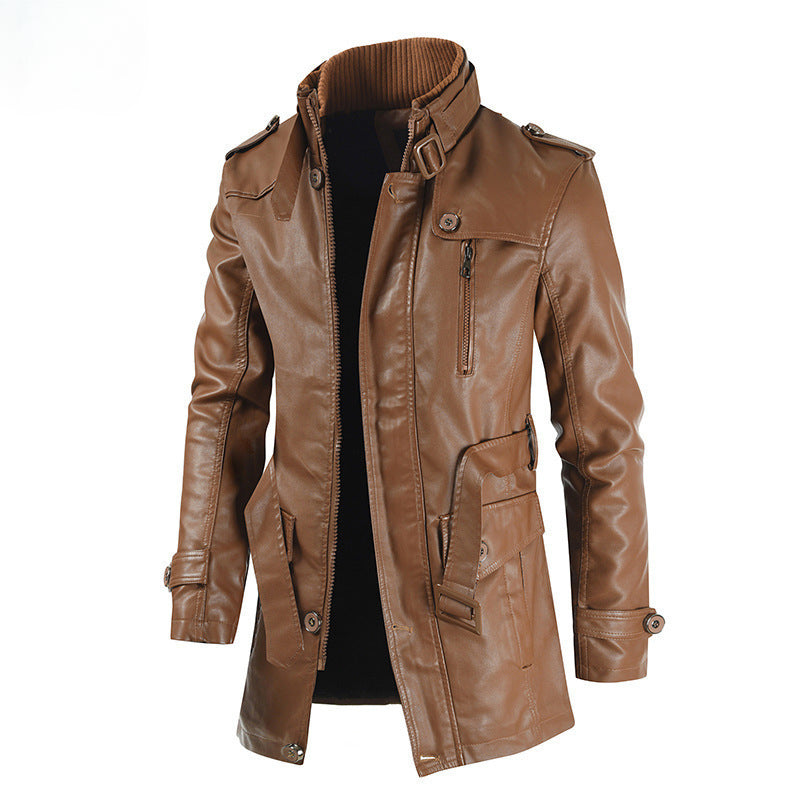 Men Winter Long Thick Fleece PU Leather Jacket Mens Streetwear Casual Business image 1