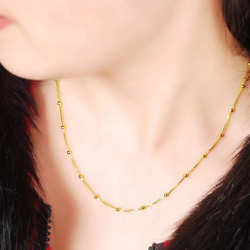 New Genuine 24K Gold Necklace Plating Gold 45CM Box Chain Beaded Necklace Short image 3