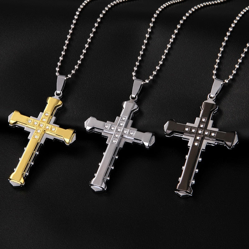 2022 New Male Crystal Cross Jesus Pendant Gold/Black/Blue Color Zirconia image 5