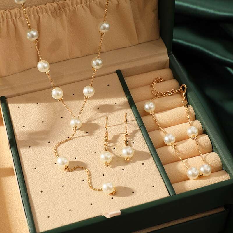 4pcs Gold-color Necklace Earring Bracelet Set Ladies Elegant Imitation-Pearls C image 4