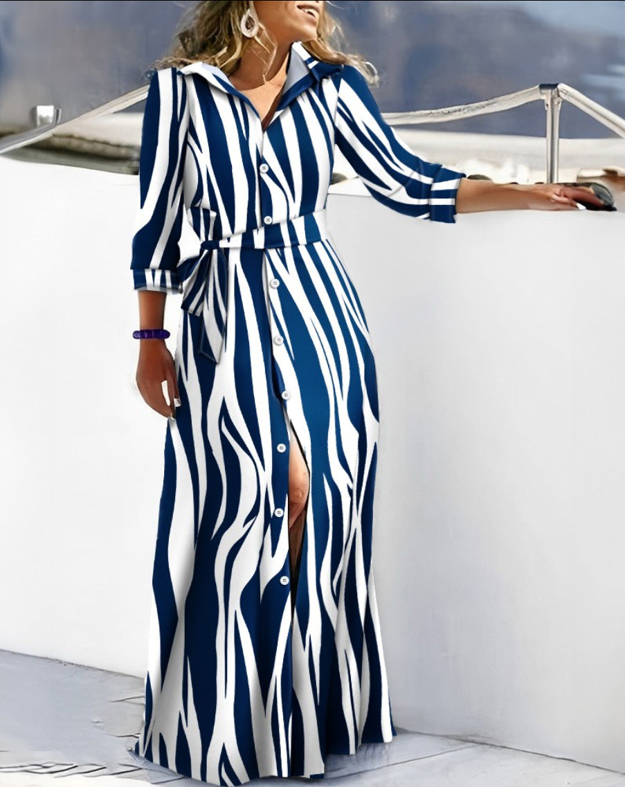 Women Casual Shirt Dress V-Neck Irregular Print Slit Midi Dress Summer Fashion image 1