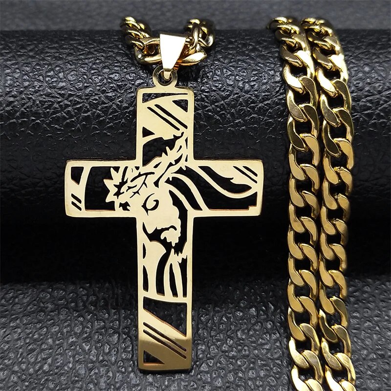 Hip Hop Punk Crown of Thorns Jesus Cross Necklace for Men Stainless Steel Gold image 9