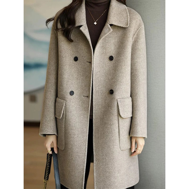 Woolen Coat Women's Autumn and Winter 2023 New Mid length Knee Over Oat Color K image 2
