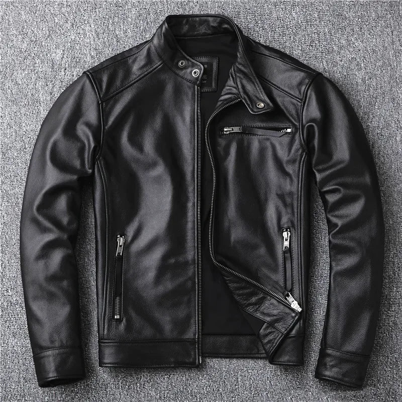 Free shipping.classic motor style,black genuine leather Jacket,fashion men casu image 0
