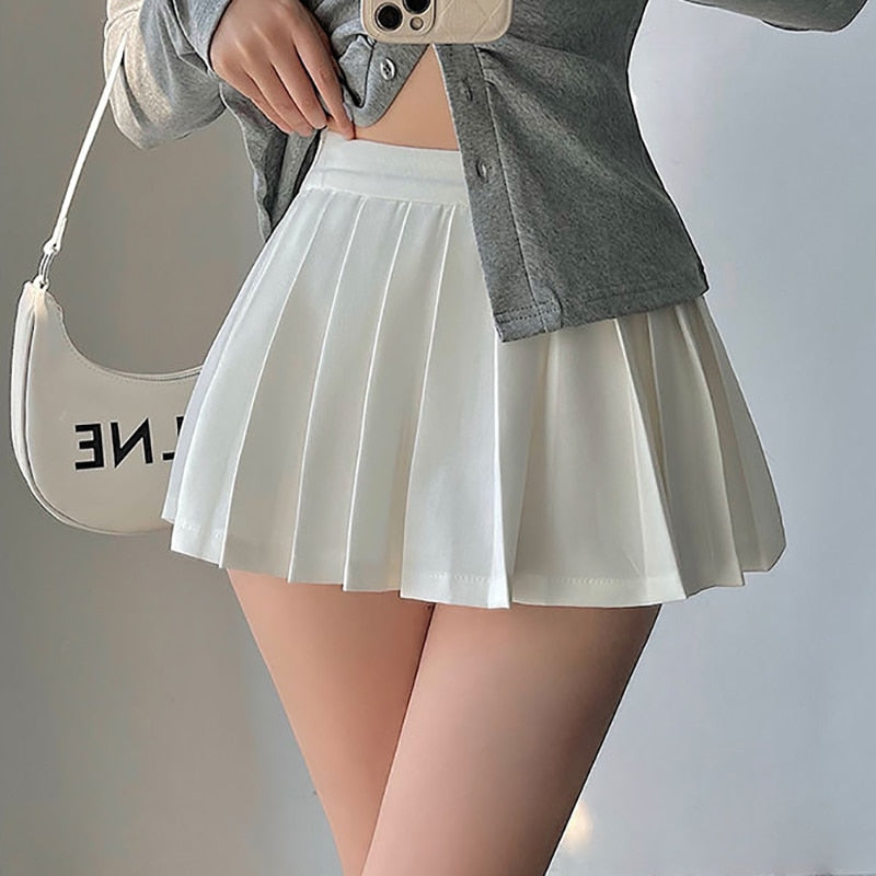 HOUZHOU Pleated Skirt with Shorts Women Cute High Waist Grey A-line Korean Styl image 2
