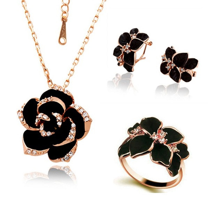 Fashion Rose Flower Enamel Jewelry Set Rose Gold Color Black Bridal Jewelry Set image 6