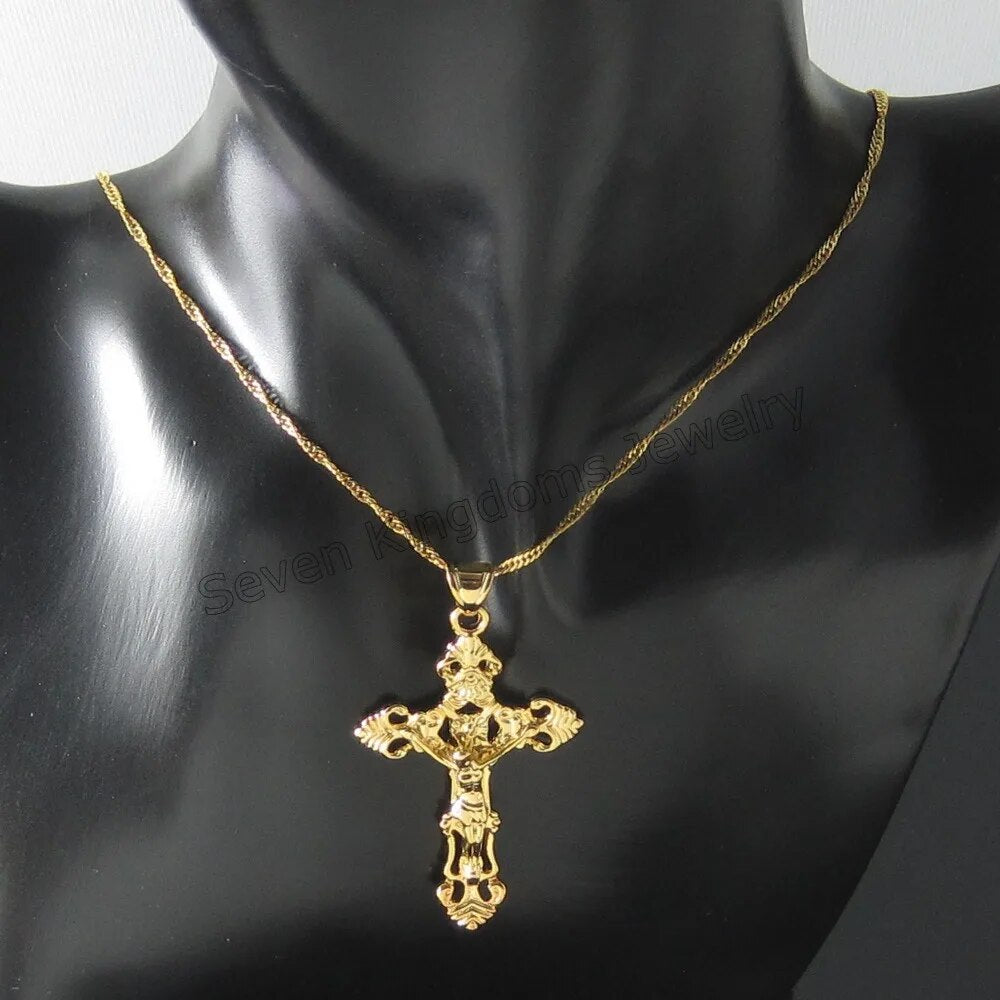 GOLD COLOR JESUS CROSS PENDANT Christ Redeemer christian catholic 18INCH or 24I image 3