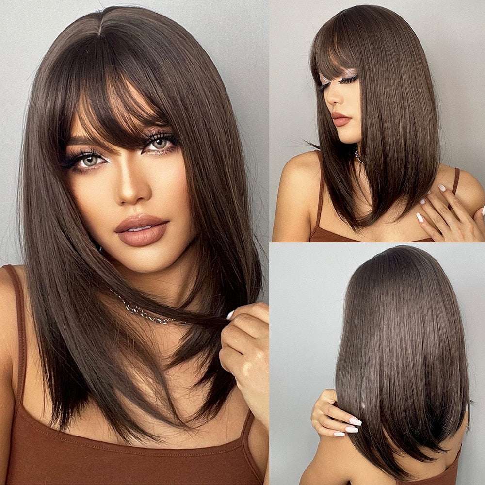 Short Straight Bob Wigs with Bangs Golden Brown Natural Synthetic Hair for Wome image 4