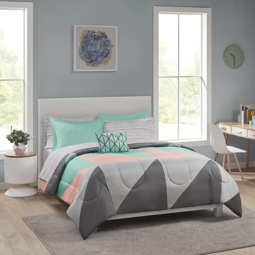 Mainstays Gray and Teal Geometric 8 Piece Bed in a Bag Comforter Set With Sheet image 0