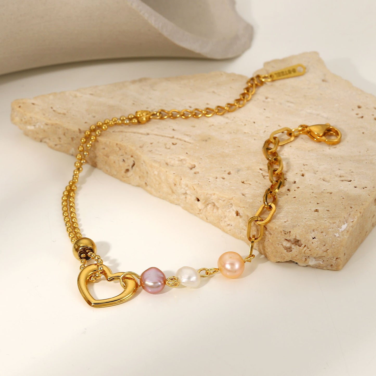 Stainless Steel PVD 18K Gold Plated Tarnish Waterproof Natural Pearl Heart Brac image 5