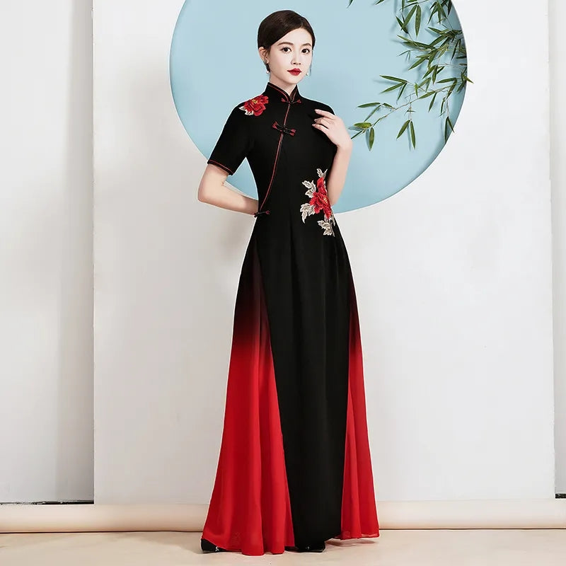 2024 Ao Dai Cheongsam Folk Style Vietnam Chiffon Aodai Elegant Women Flower Emb image 3