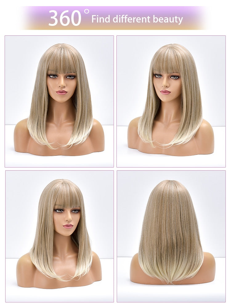 Blonde Ombre Long Straight Gold Synthetic Wig With Bangs For Black White Women image 11