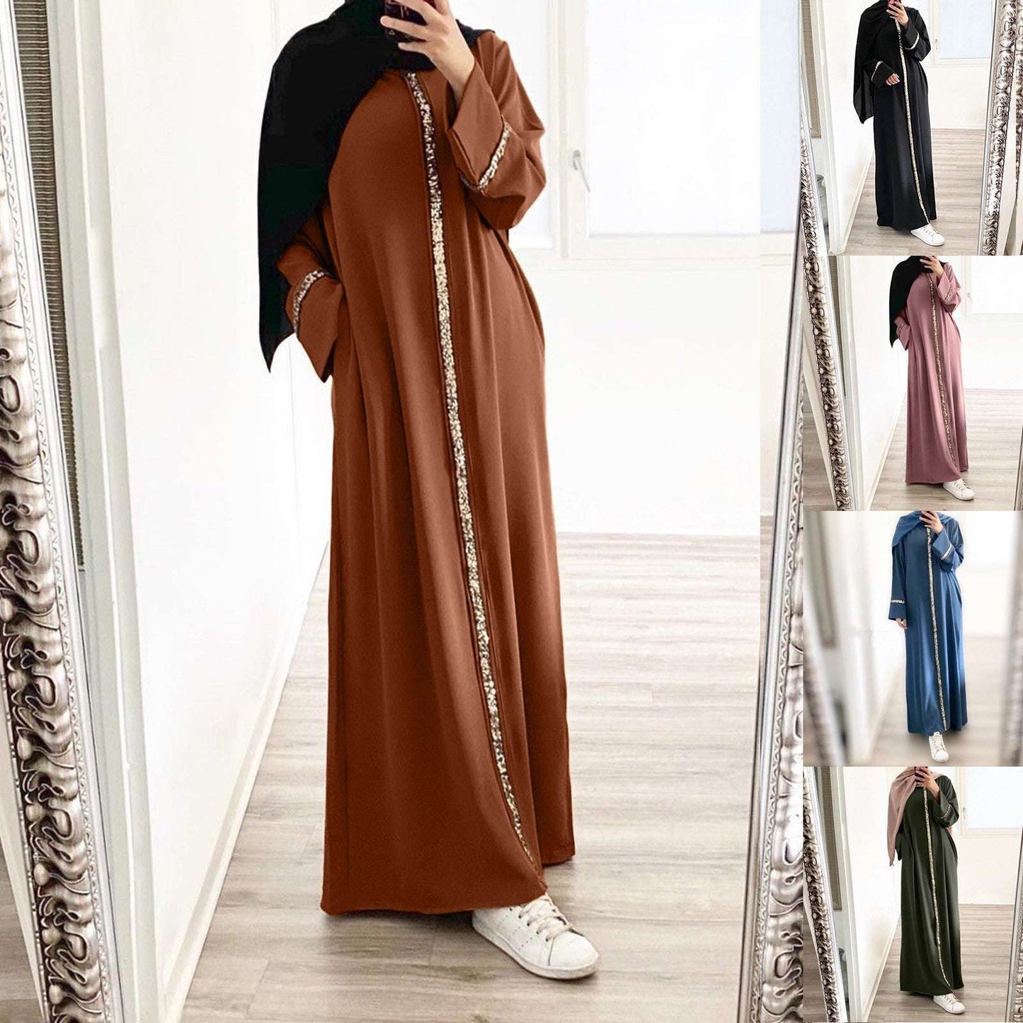 Muslim Robe Fashion Splicing Panelled Sequins Dress Solid Color Chiffon Dress F image 10