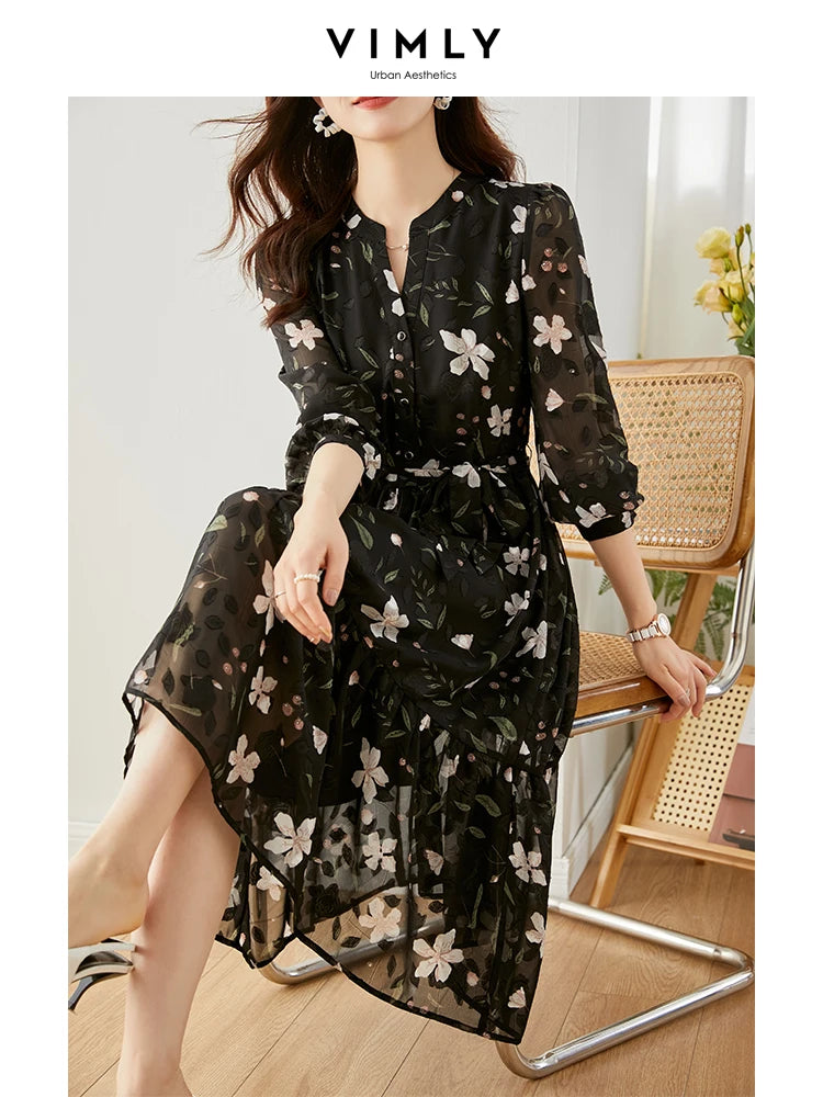 Vimly Chiffon Floral Dress for Women 2024 Spring Vacation Outfit Elegant Vintag image 1