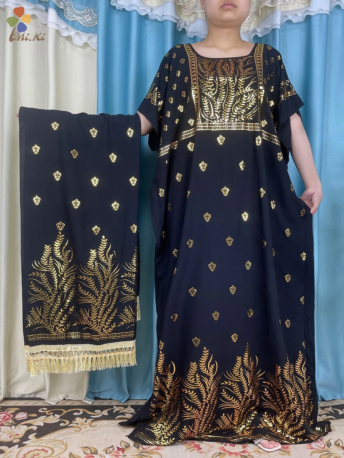 New African Abaya Women Dress Gold Plated Cotton Loose fitting Dress with Big S image 3
