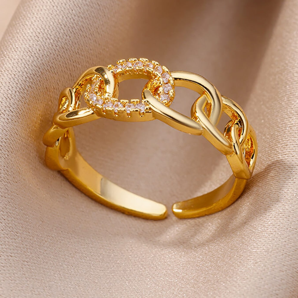Fashion Gold Color Stainless Steel Rings For Women Chain Hollow Out Crystal Zir image 20