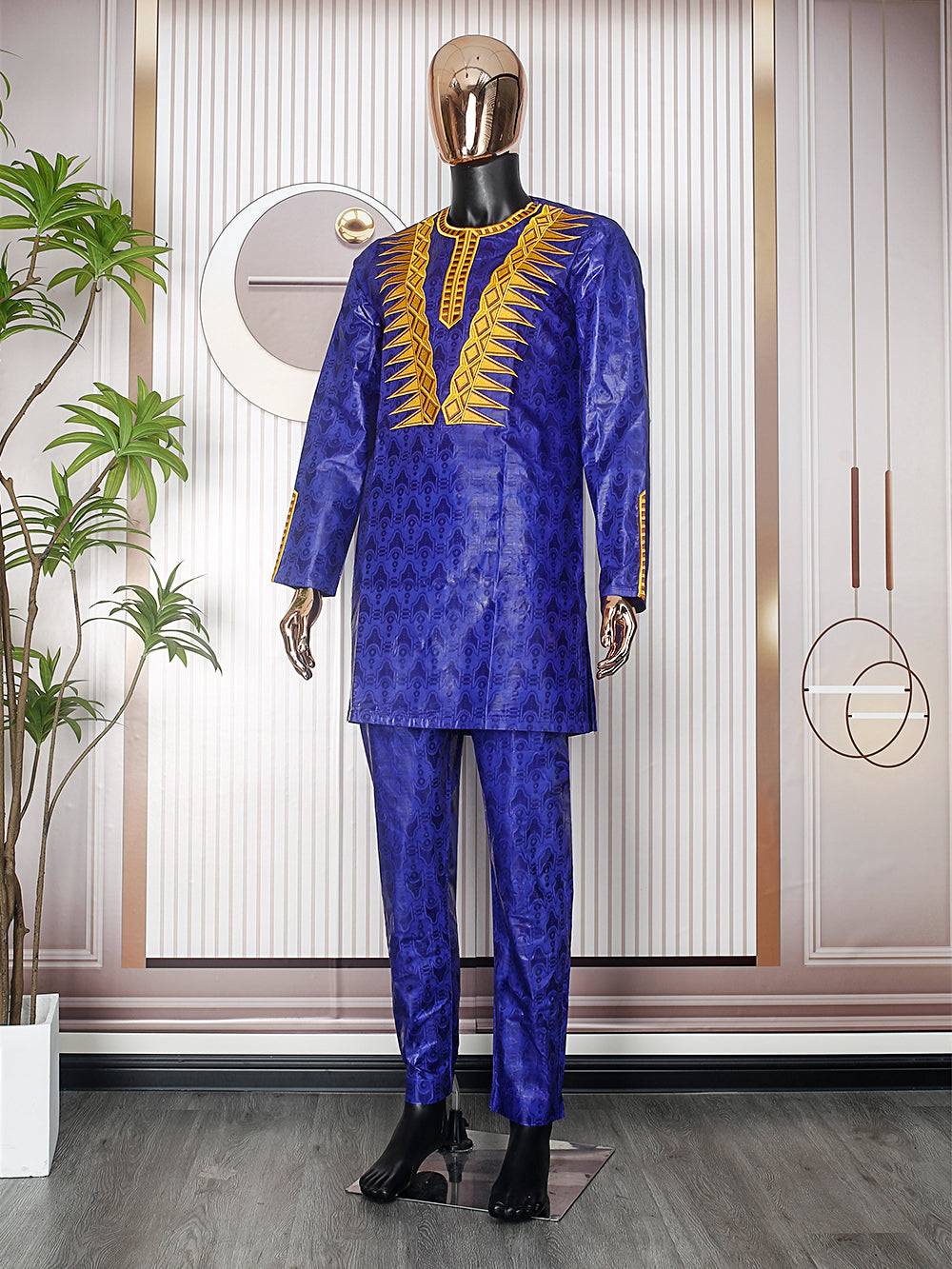 H&D New African Clothes for Men Tradition Clothing Embroidery Blue 2 Pcs Set To image 3