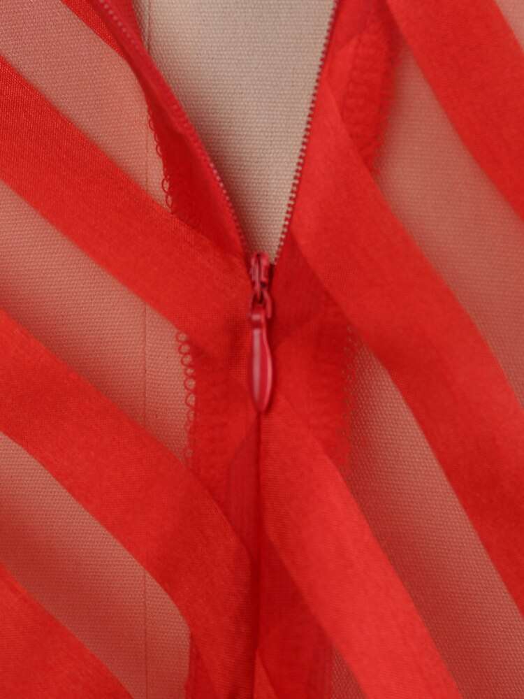 Shirt Dresses Plus Size Women Long Sleeve Red Striped Stand Collar See Through a image 5