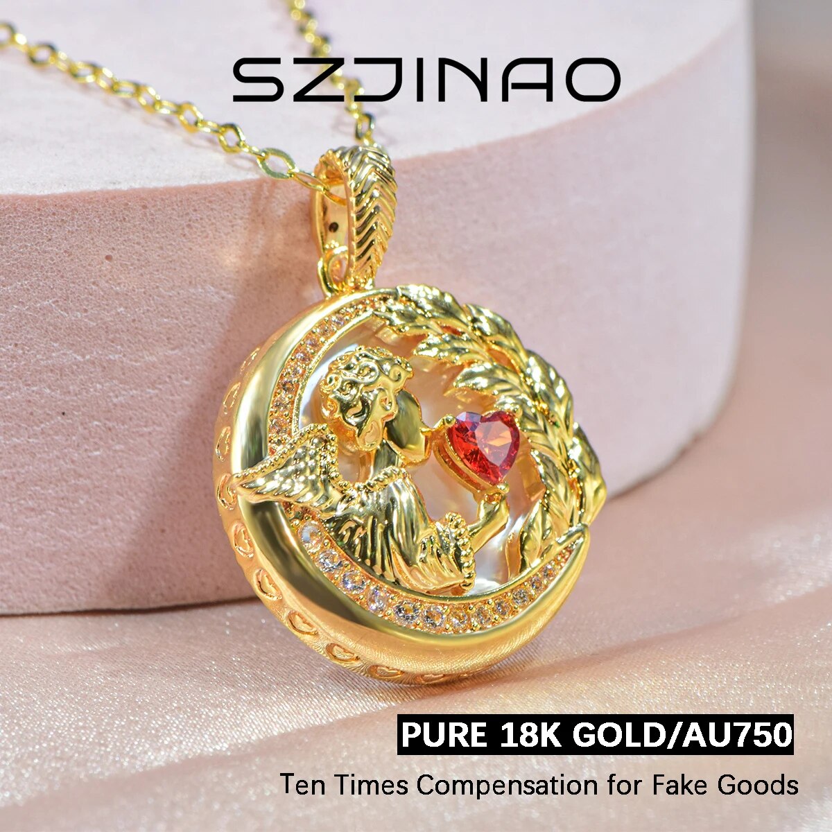 18k Gold Pendant Au750 Heart Shaped Zircon Round Angel Pendant Pendants for Wom image 2