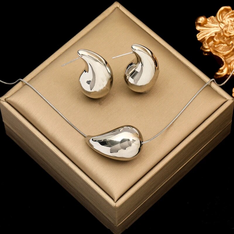 EILIECK 316L Stainless Steel Gold Color Water Drops Necklace Earrings Trendy Fo image 9