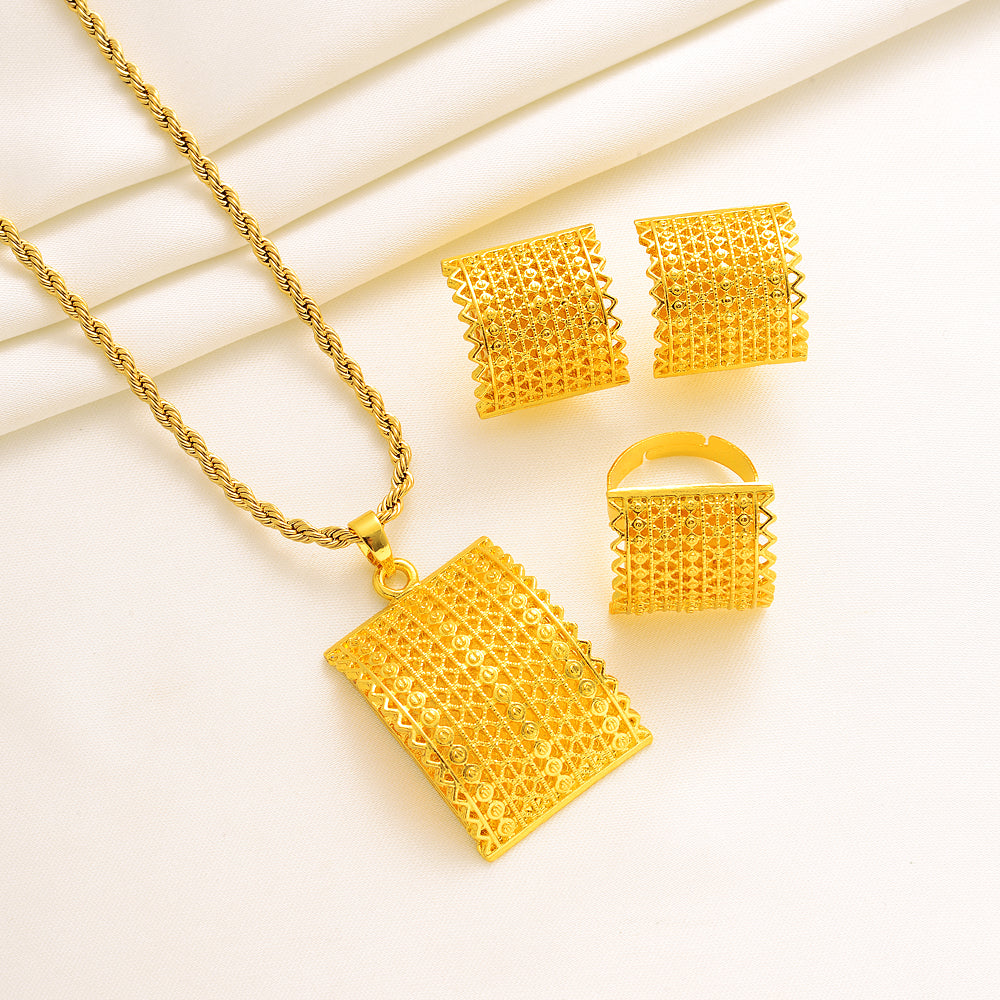 24K Gold Color Traditional Dubai Jewelry African Bride Habisha Lucky Patry Set image 6