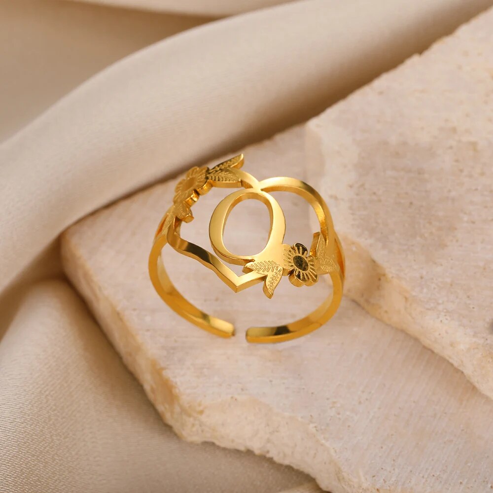 Stainless Steel Initials Flower Heart Rings Gold Color Adjustable Delicate Lett image 15