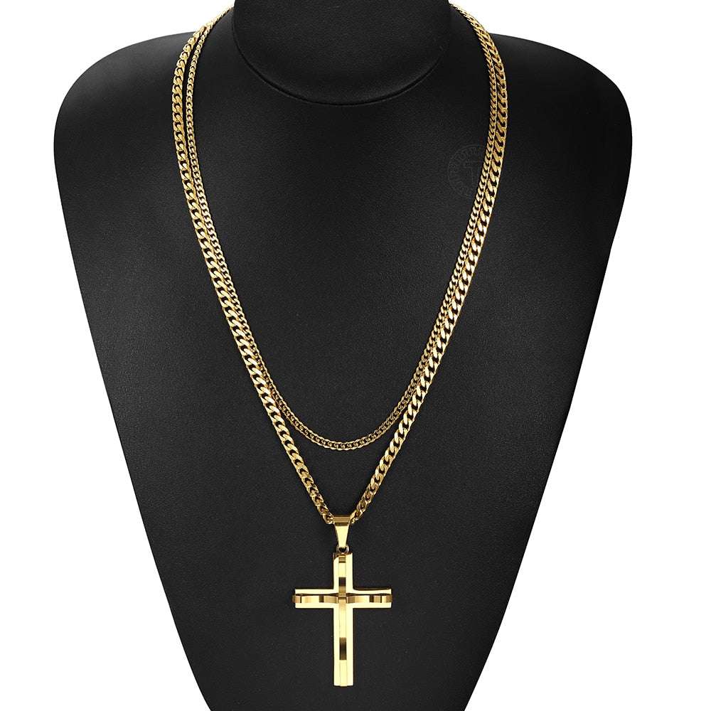 Punk Miami 2Pcs/Set Gold Color Big Cross Pendant Necklace for Men Women Stainle image 3