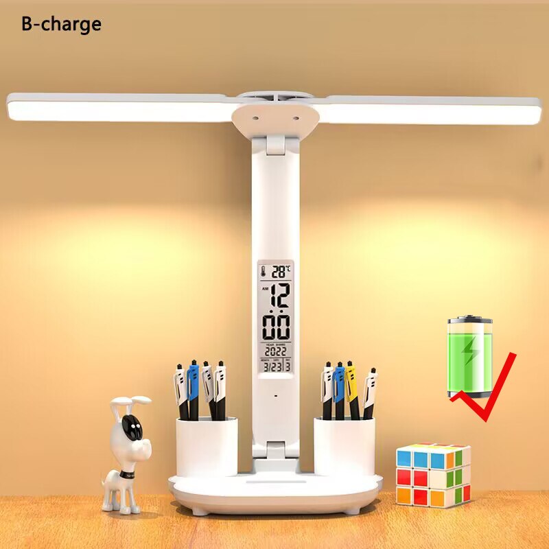 LED Clock Table Lamp USB Chargeable Dimmable Desk Lamps 2 Heads 180 Rotate Fold image 1