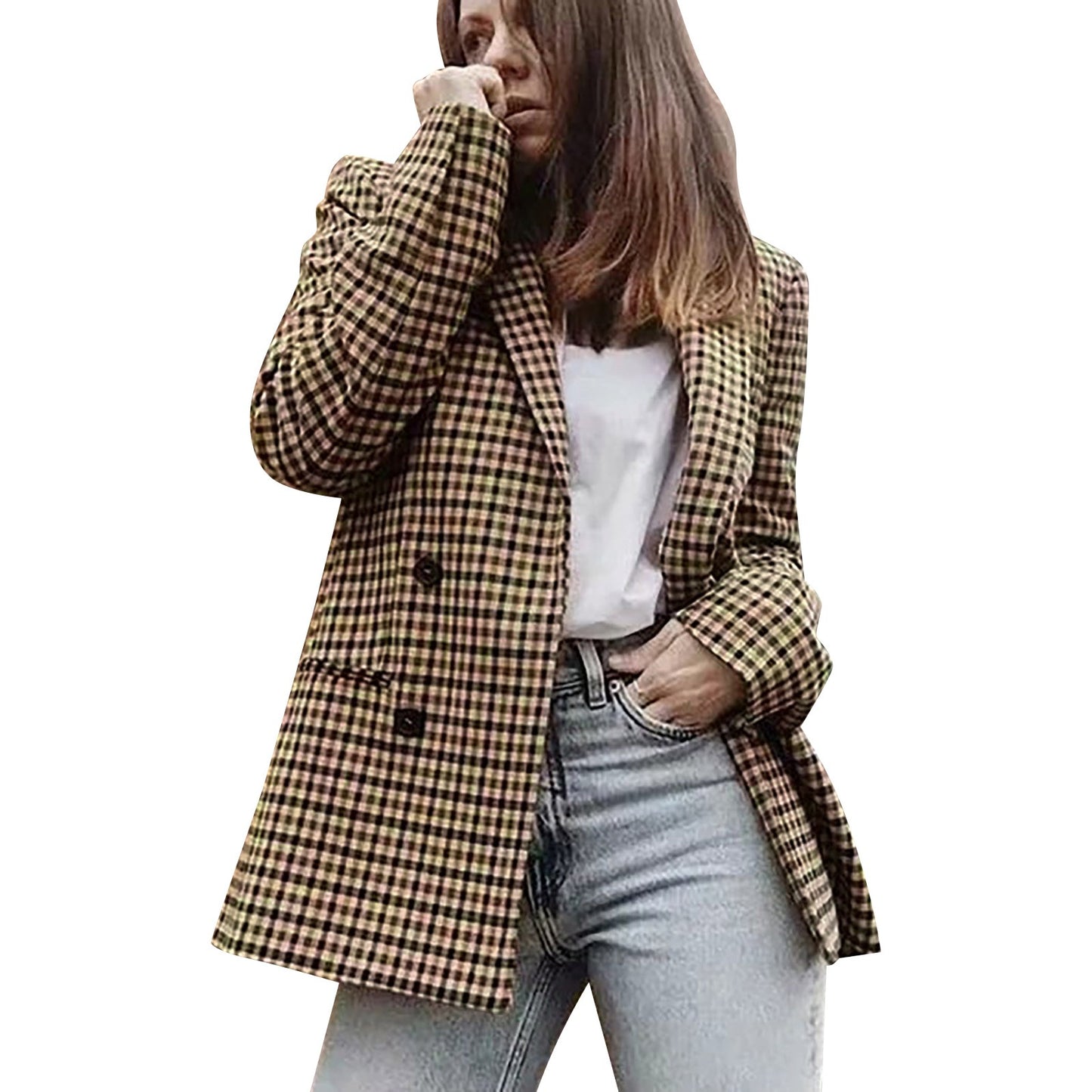 Ladies' Autumn And Winter Double Breasted Lapel Long Sleeved Checkered Suit Jac image 0