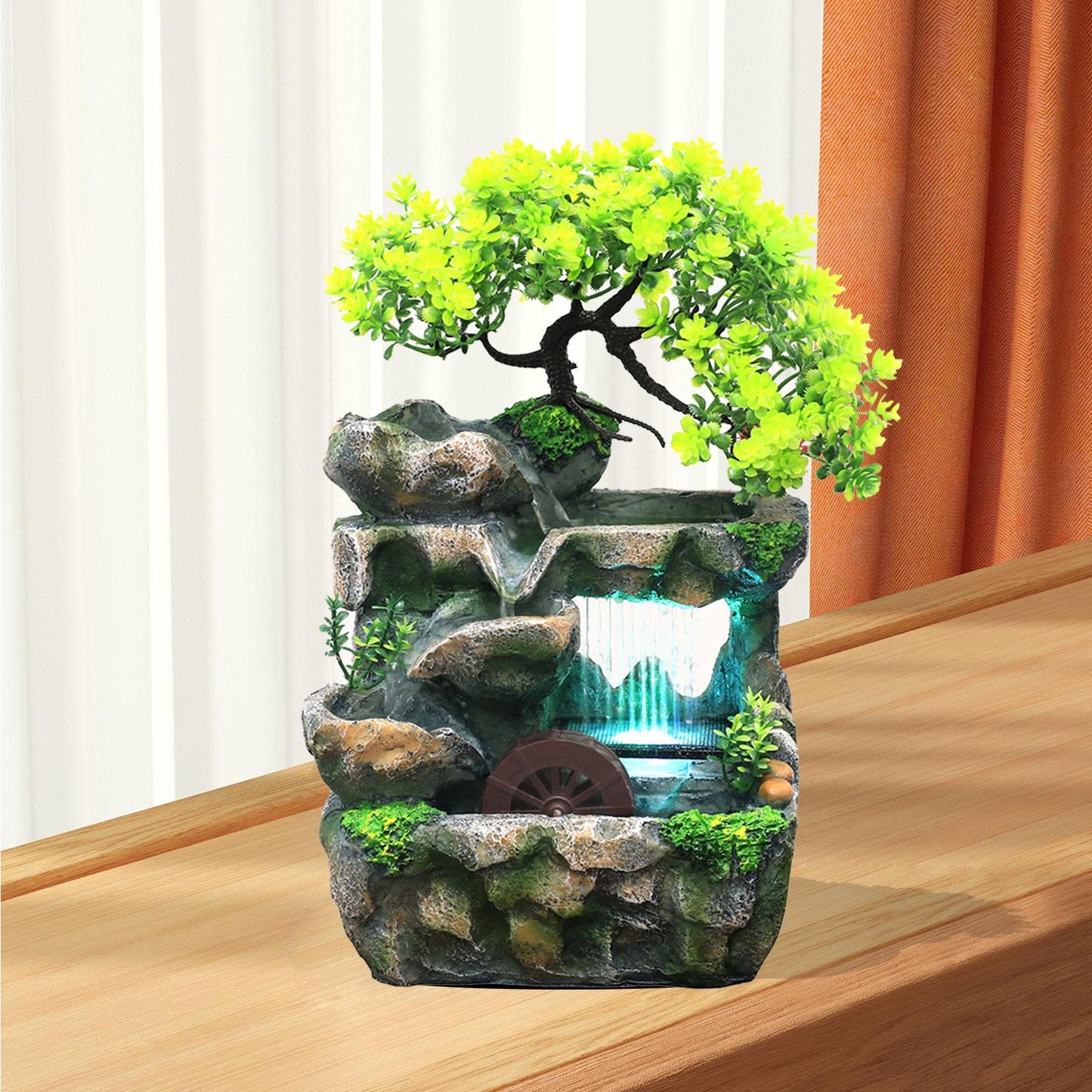 Tabletop Water Fountain with Light Cascading Rockery Bonsai Decor Desk Decorati image 2