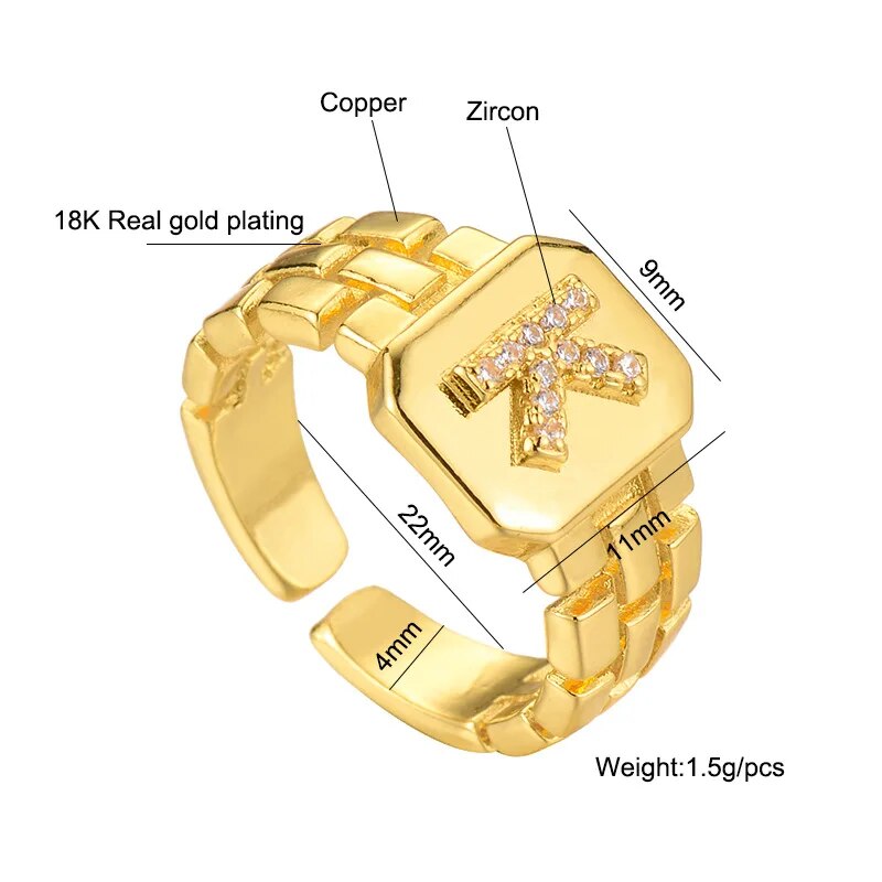 Trendy 18k Gold Plated AAA Zircon Hip Hop Adjustable A-Z Letter Ring Watch Ban image 2