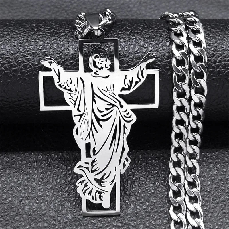 Hip Hop Punk Crown of Thorns Jesus Cross Necklace for Men Stainless Steel Gold image 7