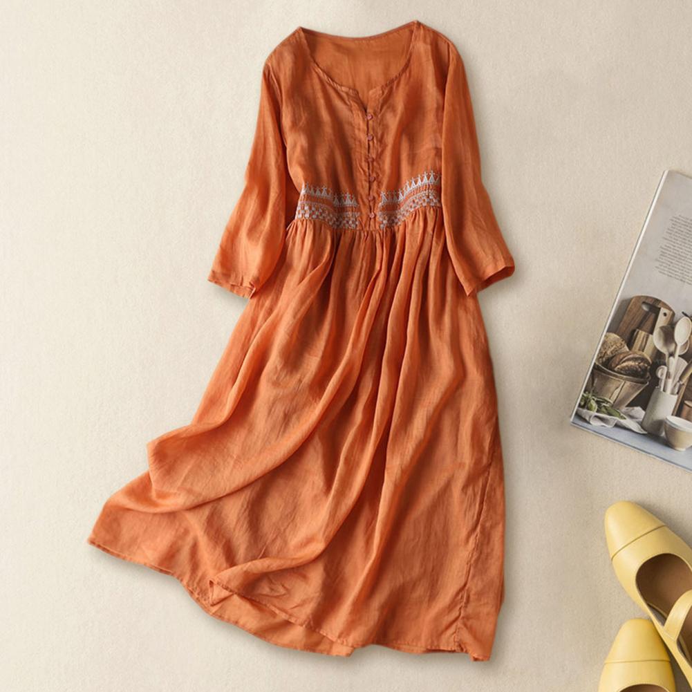 Cotton Casual Dress Elegant Ethnic Embroidered Midi Dress with High Waist Doubl image 1