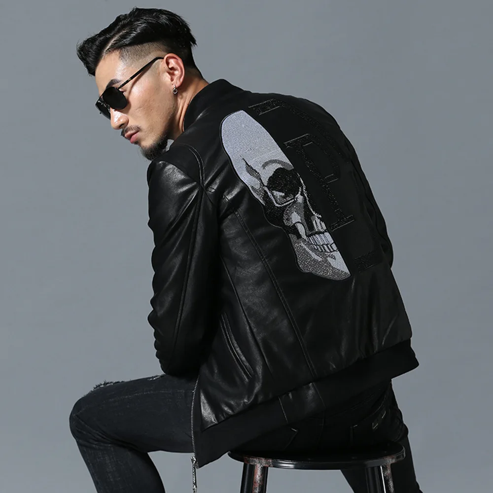 Men's Trendy Skull Head Embroidery Pu Leather Baseball Collar Jacket Rhinestone image 0