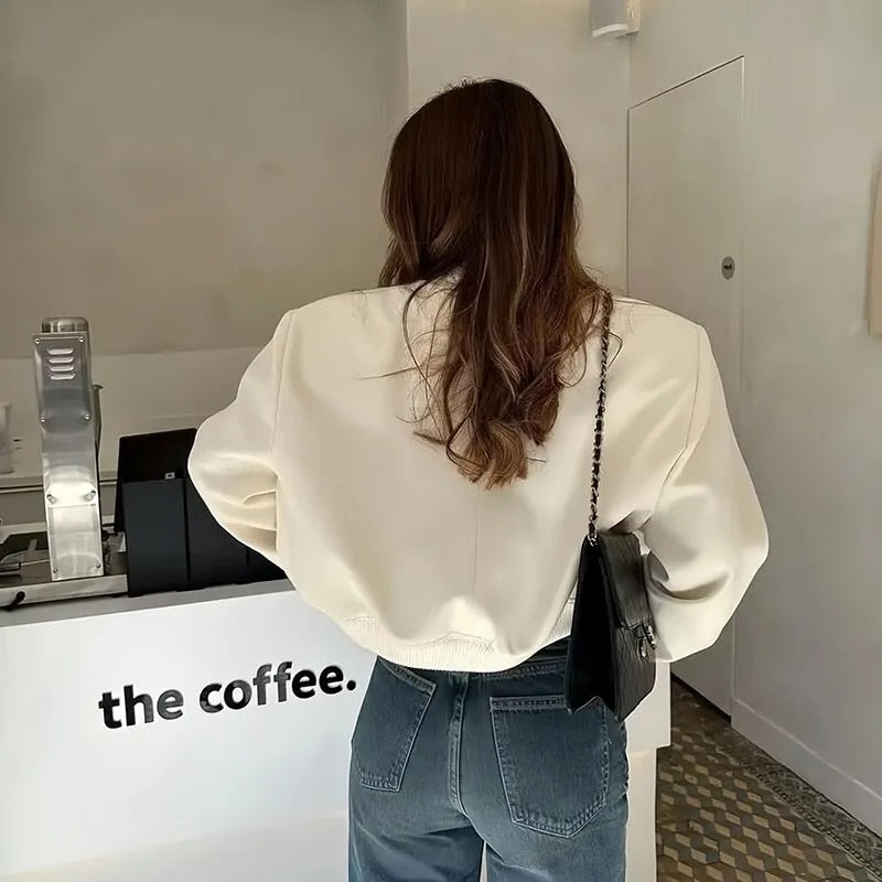 Women Fashion Bomber Jackets with Big Pockets Cropped Spring Amtumn Female Vint image 6