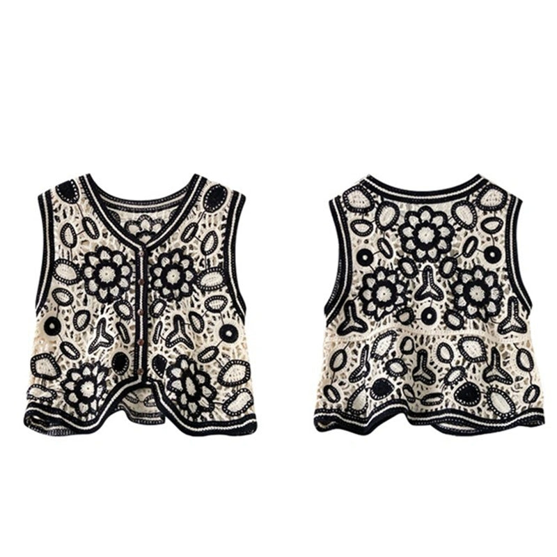 Women Spring Crochet Sleeveless Sweater Vest Waistcoat V-Neck Button Down Hollo image 3