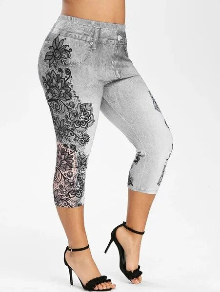 Women's Printed Denim Sportswear Leggings Oversized Hip Lifting Yoga Pants Plus image 2