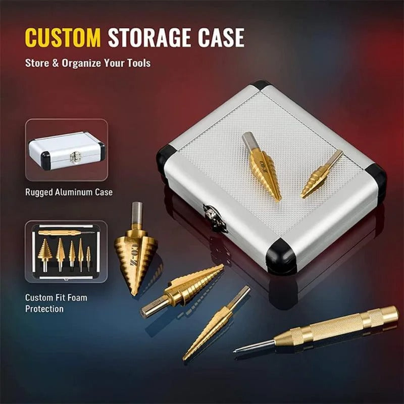 Step Drill Bit Set 5-Piece Titanium-Coated High Speed Steel with Automatic Cent image 1