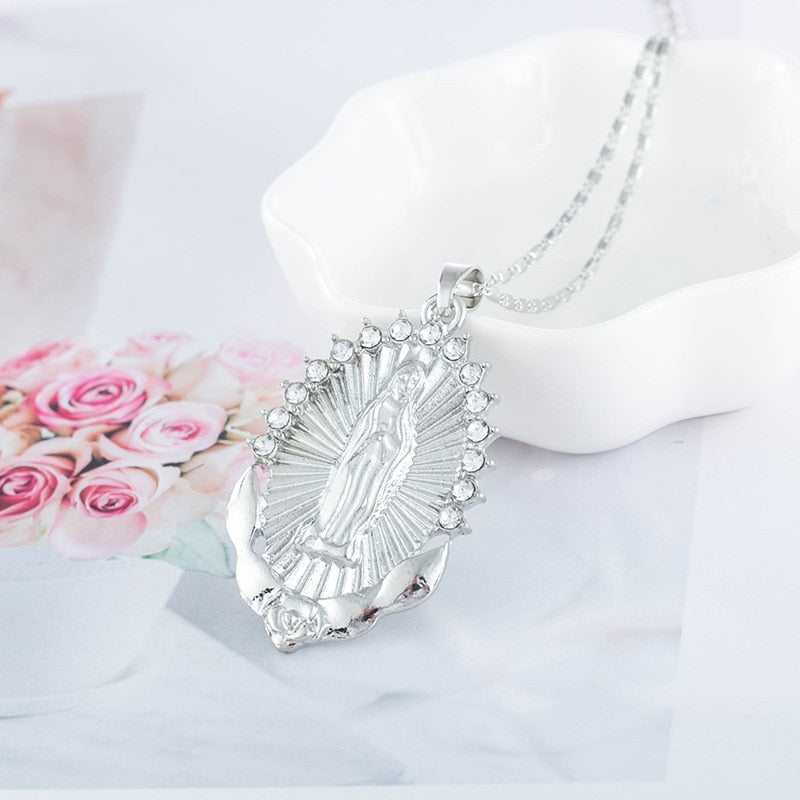 Holy Virgin Mary Pendant Necklace Religion Dainty Golden Christian Cubic image 0
