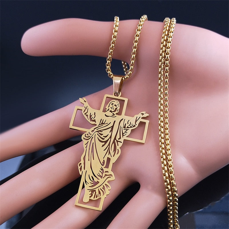 Jesus Cross Stainless Steel Pendant Necklace Gold Color Women/Men Religious image 11